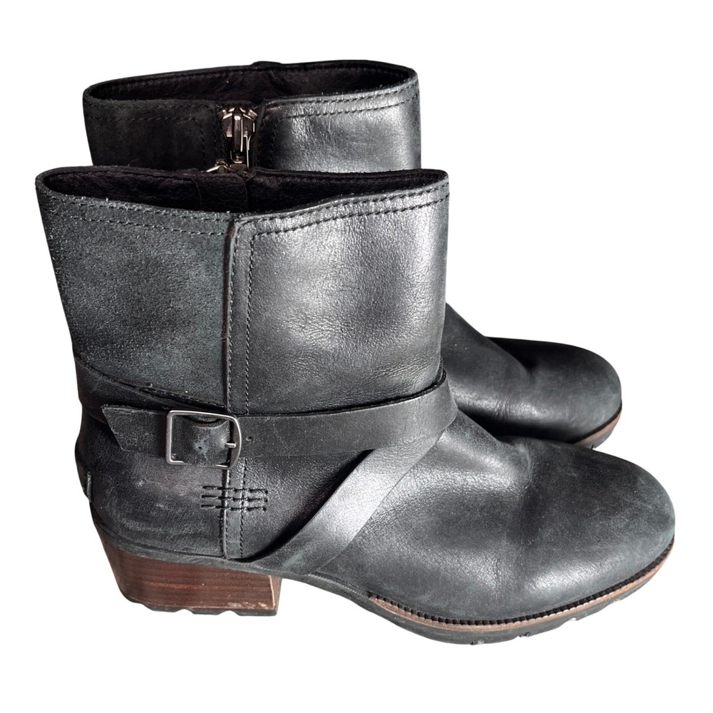 Sorel Cate Buckle Black Leather Ankle Boots NL3709-010 Womens Size 8 Lug Sole